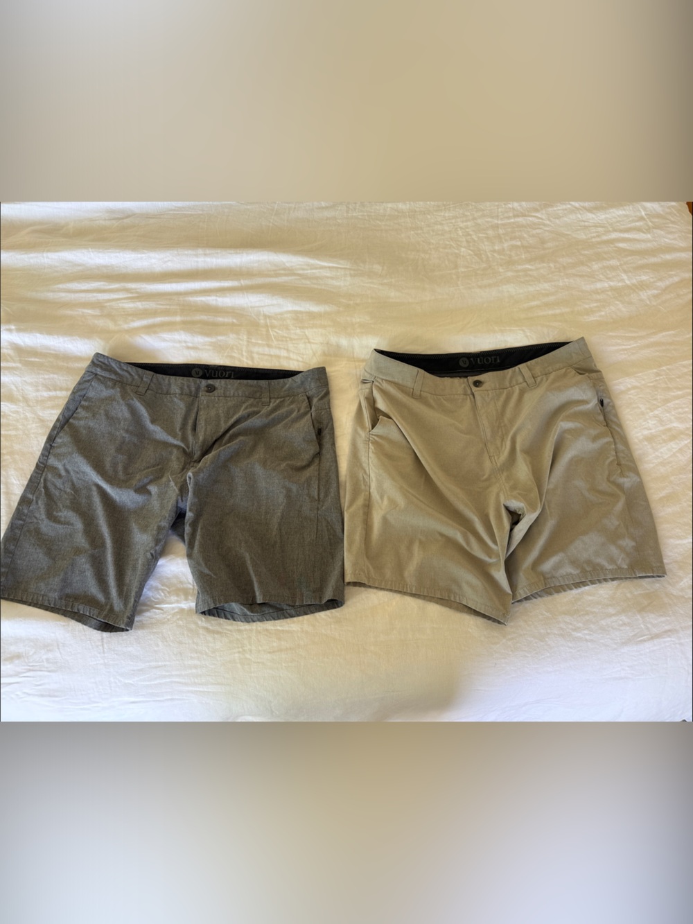 Vuori Men’s Flat-Front Shorts — Gray & Tan